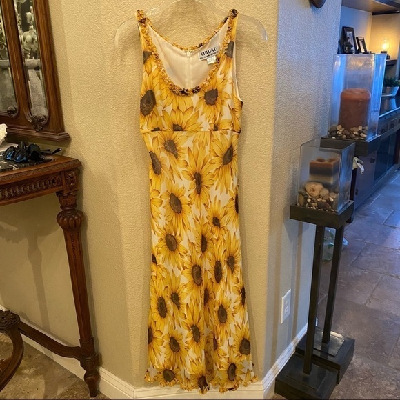 Vintage CHETTA B 100% Silk Sunflower Print Maxi Dress Size 6 - Picture 1 of 7